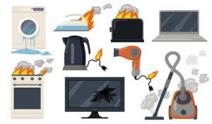 variety of broken home electrical appliances flat item set