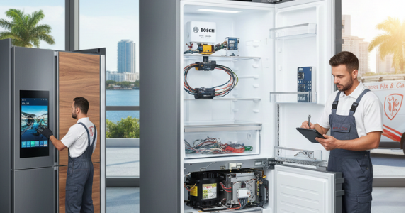 men repairing refrigerator