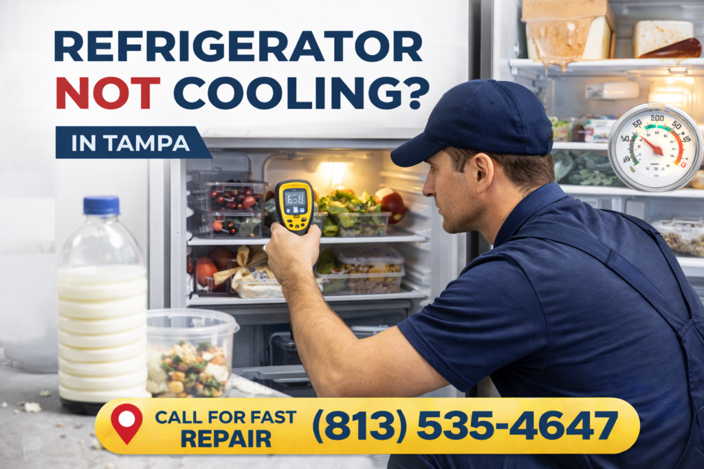 Refrigerator not cooling repair in Tampa technician diagnosing fridge problem