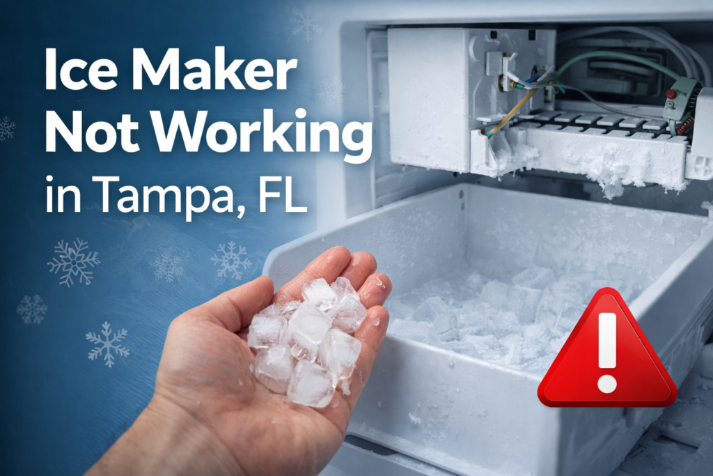 Ice maker not working in Tampa FL, empty ice bin with frozen buildup inside refrigerator ice maker