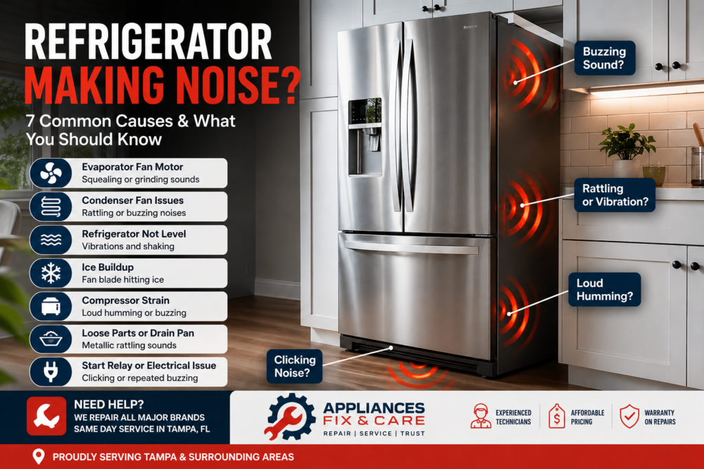 Stainless steel refrigerator making loud noise in modern Tampa Florida kitchen with common repair causes infographic