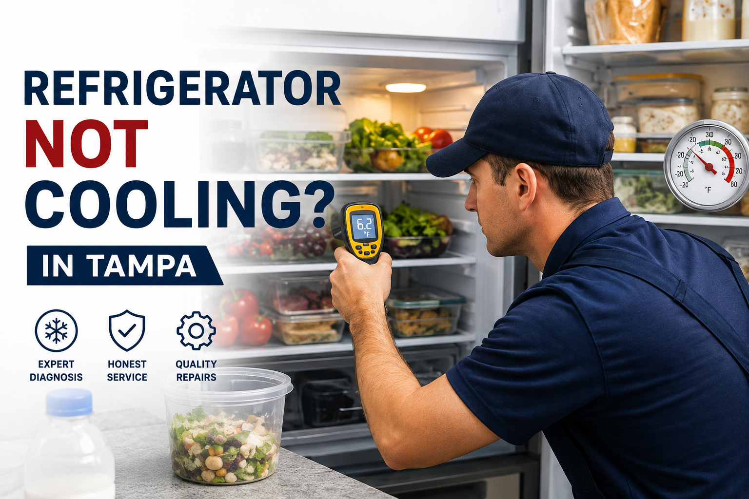 Professional refrigerator technician checking cooling temperature inside a refrigerator using an infrared thermometer in Tampa, Florida.