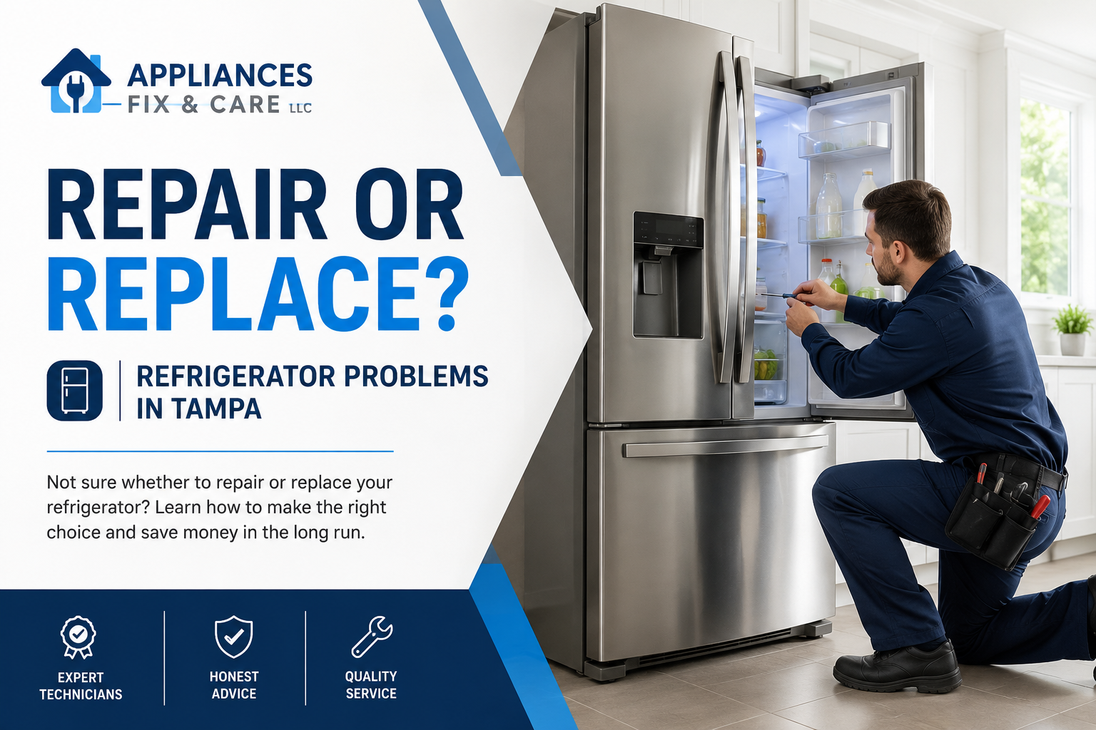Professional appliance technician repairing a stainless steel refrigerator in a modern kitchen while explaining whether to repair or replace a refrigerator in Tampa, Florida.