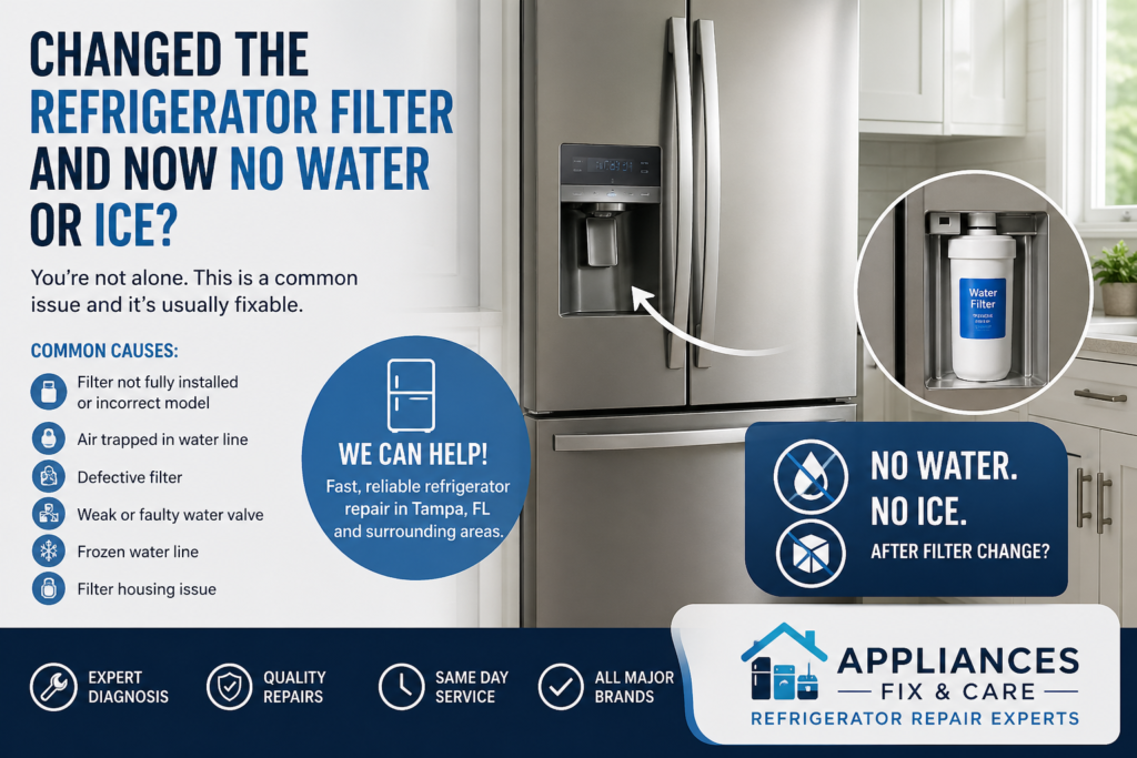 Refrigerator water dispenser not working after filter change in Tampa Florida kitchen