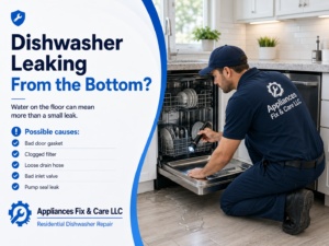 Technician inspecting a dishwasher leaking from the bottom with water on the floor, Appliances Fix & Care LLC