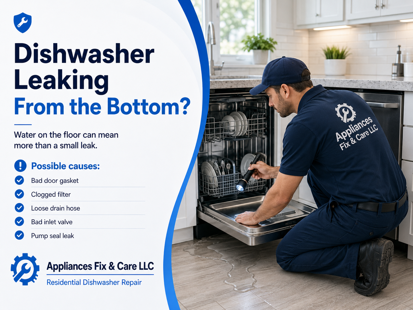 Technician inspecting a dishwasher leaking from the bottom with water on the floor, Appliances Fix & Care LLC