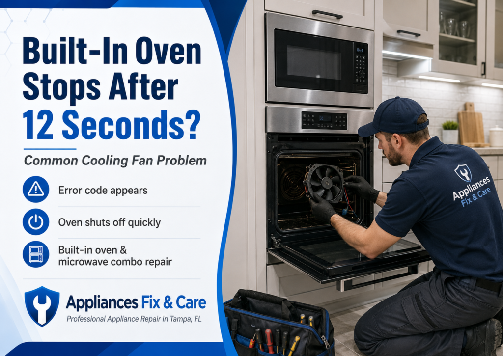 Technician repairing a built-in wall oven microwave combo in Tampa FL with cooling fan error