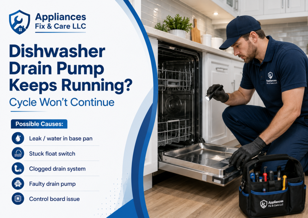 Dishwasher drain pump keeps running and cycle won’t continue repair service image in Tampa FL