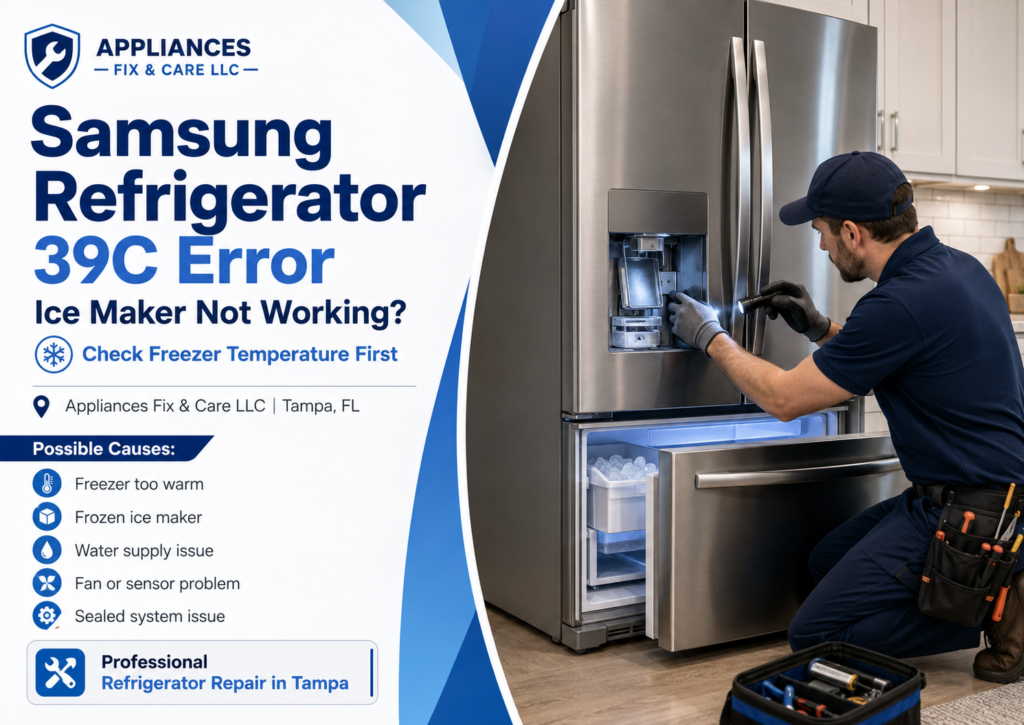 Samsung refrigerator 39C error ice maker repair in Tampa FL Samsung RF265BEAESG/AA ice maker not working Tampa Samsung French door refrigerator freezer not freezing Tampa Appliances Fix & Care LLC Samsung refrigerator repair Tampa Samsung ice maker error code 39C Tampa appliance repair
