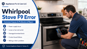 Whirlpool stove showing F9 error code with technician diagnosing electric range in Tampa, FL by Appliances Fix & Care LLC.