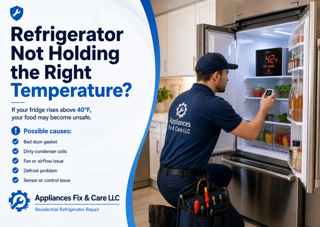 Technician checking a refrigerator that is not holding the right temperature, with a 42°F warning display, Appliances Fix & Care LLC