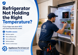 Technician checking a refrigerator that is not holding the right temperature, with a 42°F warning display, Appliances Fix & Care LLC