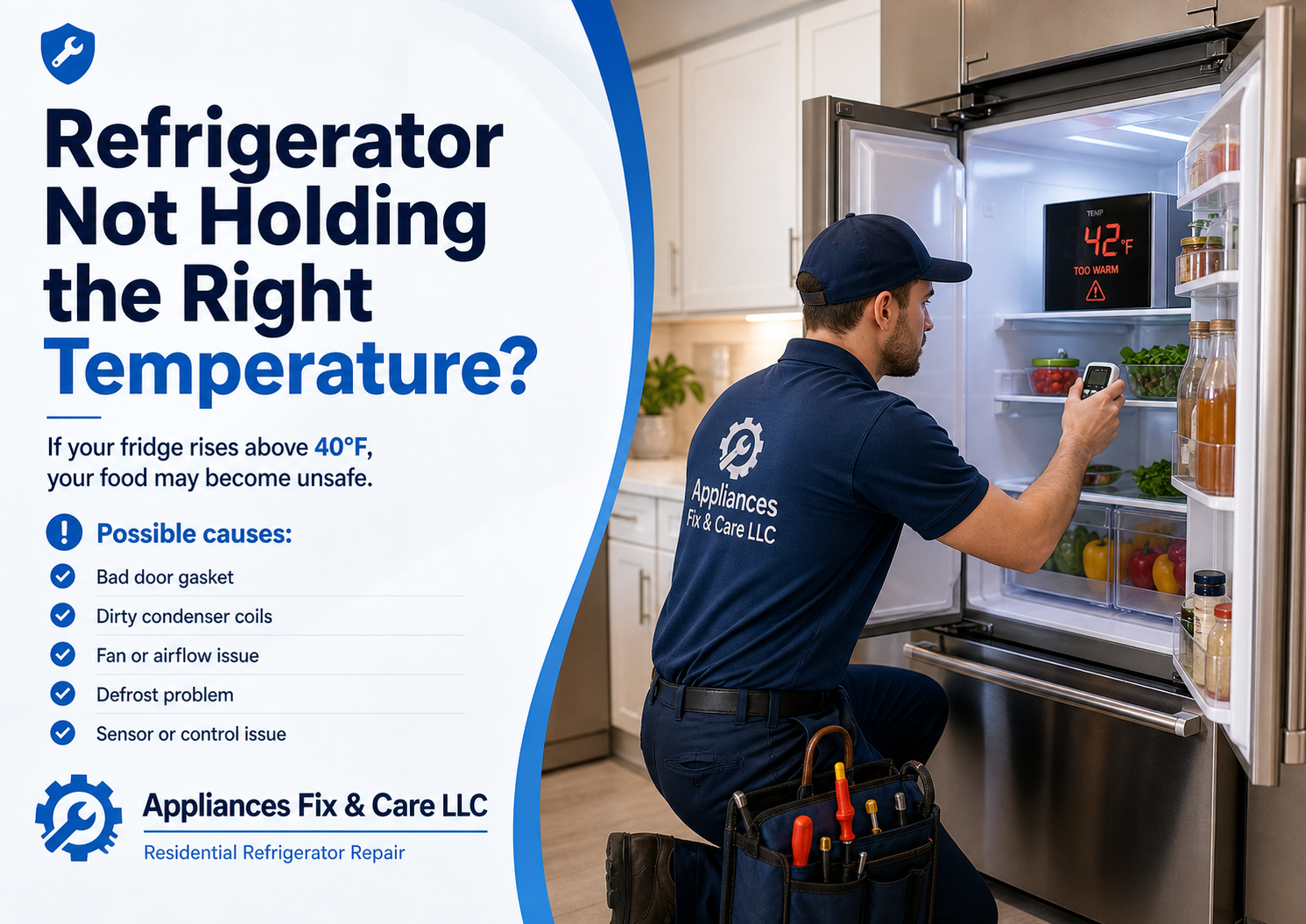 Technician checking a refrigerator that is not holding the right temperature, with a 42°F warning display, Appliances Fix & Care LLC