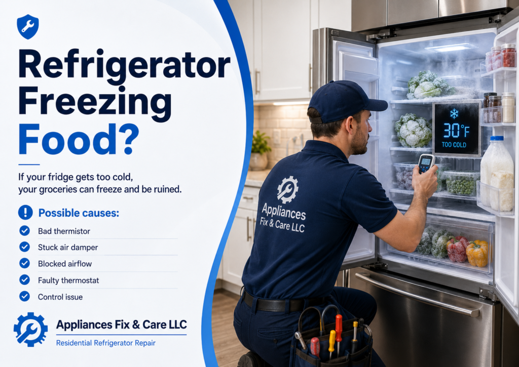 Technician checking a refrigerator that is freezing food, with a 30°F too cold display, Appliances Fix & Care LLC