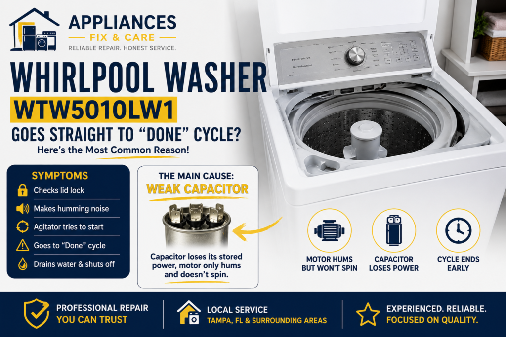 Whirlpool WTW5010LW1 washer repair in Tampa FL for capacitor and motor humming issue