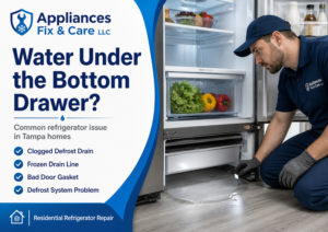 Water pooling under bottom drawer in refrigerator Tampa FL residential refrigerator repair by Appliances Fix & Care LLC