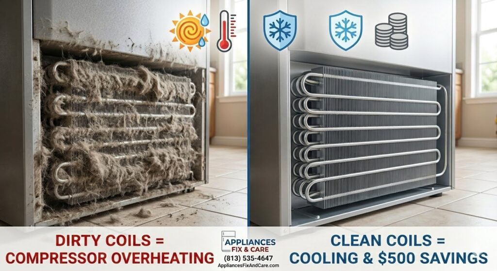 Infographic showing dirty condenser coils causing refrigerator compressor overheating vs clean coils ensuring optimal cooling and energy savings for Tampa homes.