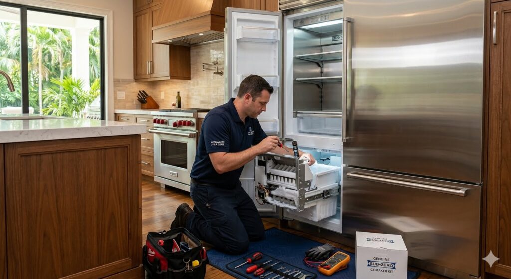 Professional technician diagnosing a broken built-in Sub-Zero refrigerator ice maker in a luxury South Tampa kitchen.