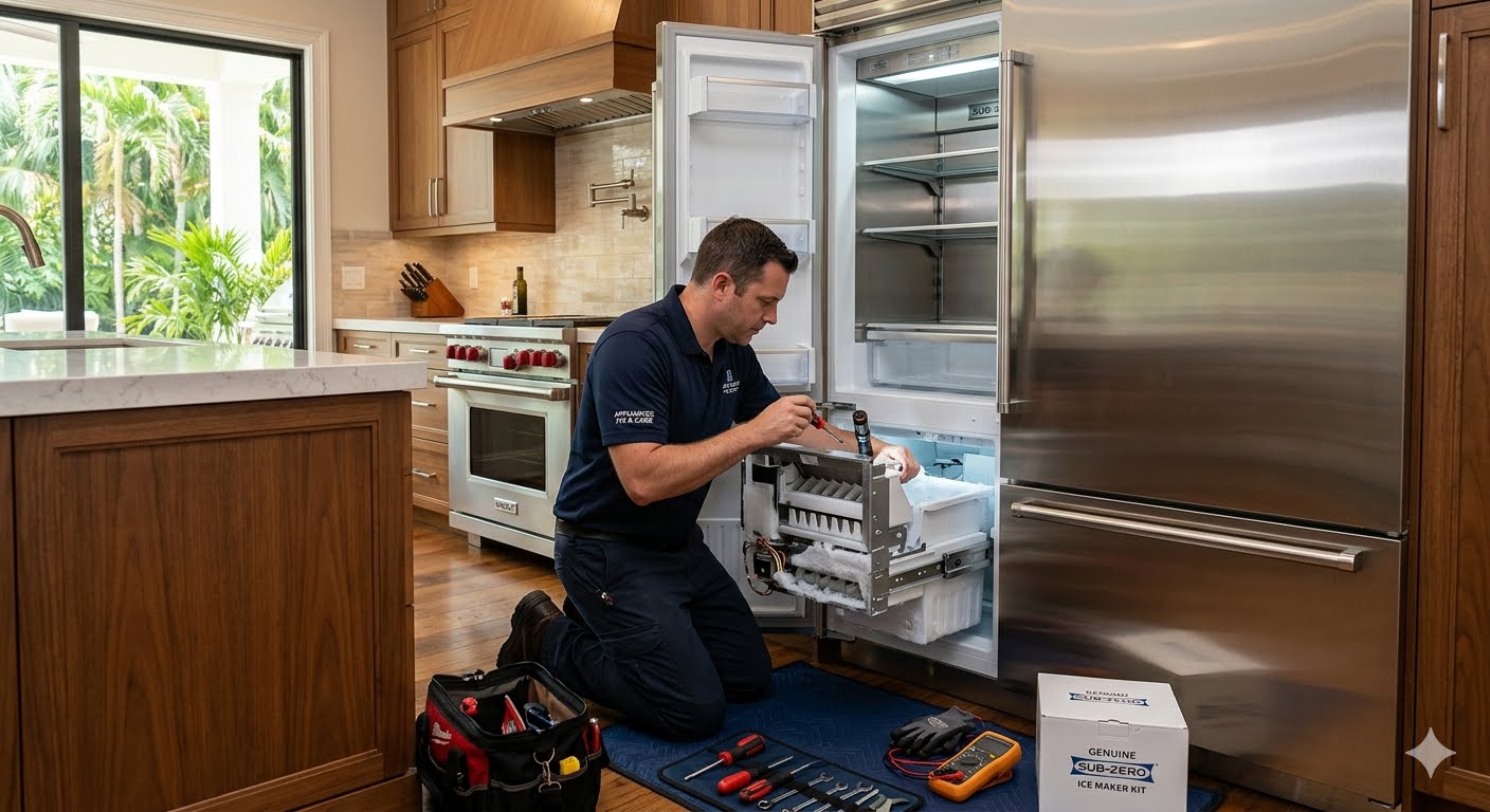 Professional technician diagnosing a broken built-in Sub-Zero refrigerator ice maker in a luxury South Tampa kitchen.