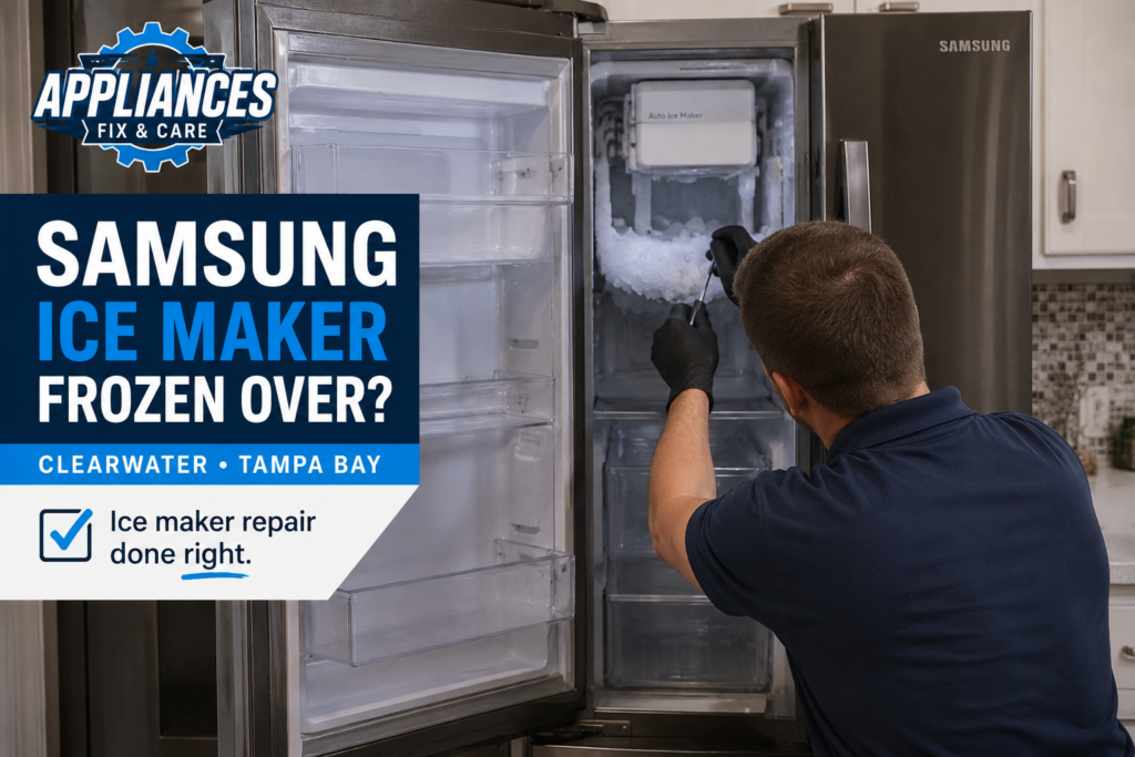 Samsung French door refrigerator with a frozen-over ice maker being inspected by an appliance repair technician in Clearwater, Florida