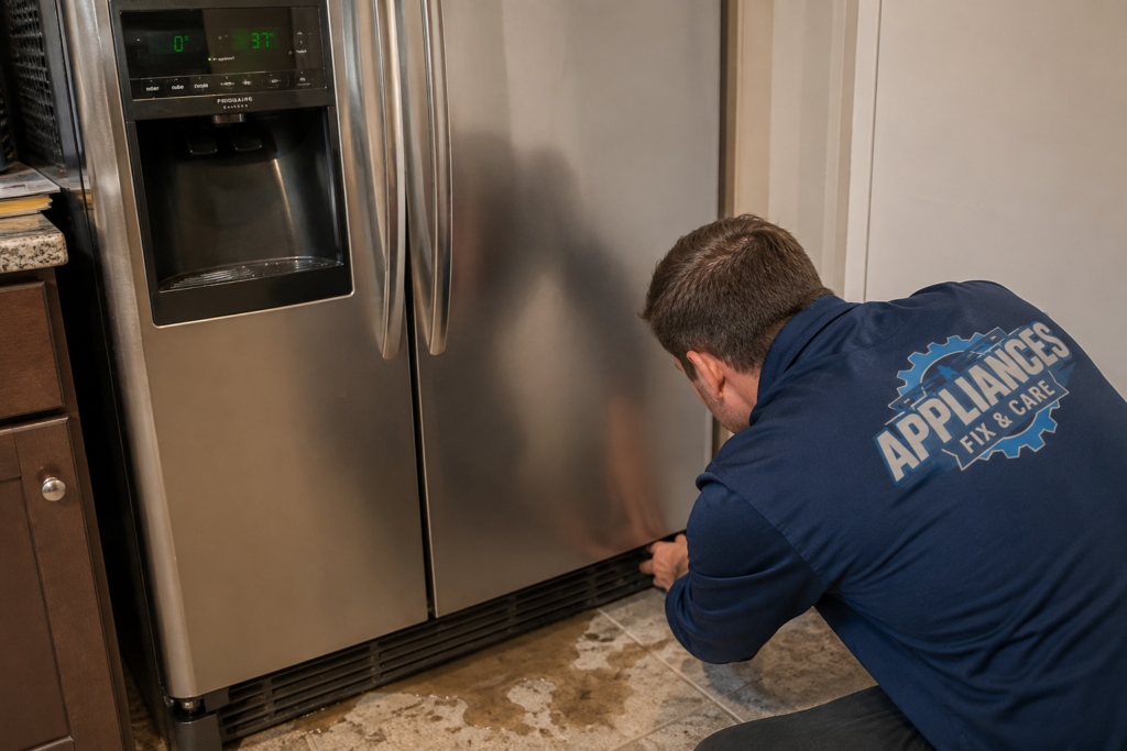 Appliance repair technician diagnosing water leaking onto the floor from a Frigidaire refrigerator