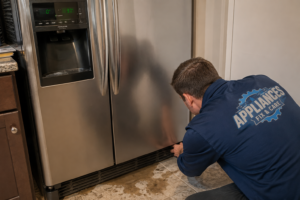 Appliance repair technician diagnosing water leaking onto the floor from a Frigidaire refrigerator