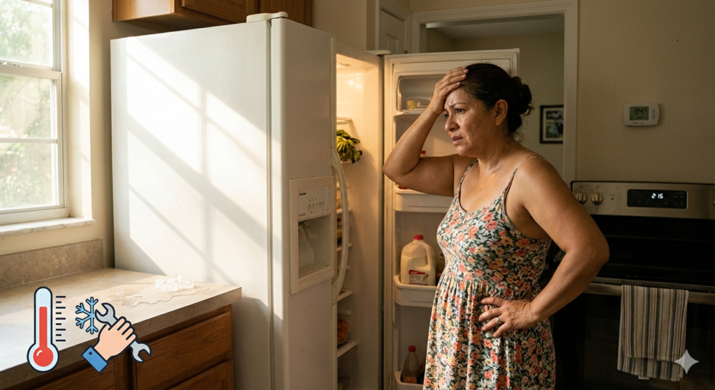 rustrated homeowner standing by a warm refrigerator not cooling in hot weather in a Tampa kitchen.