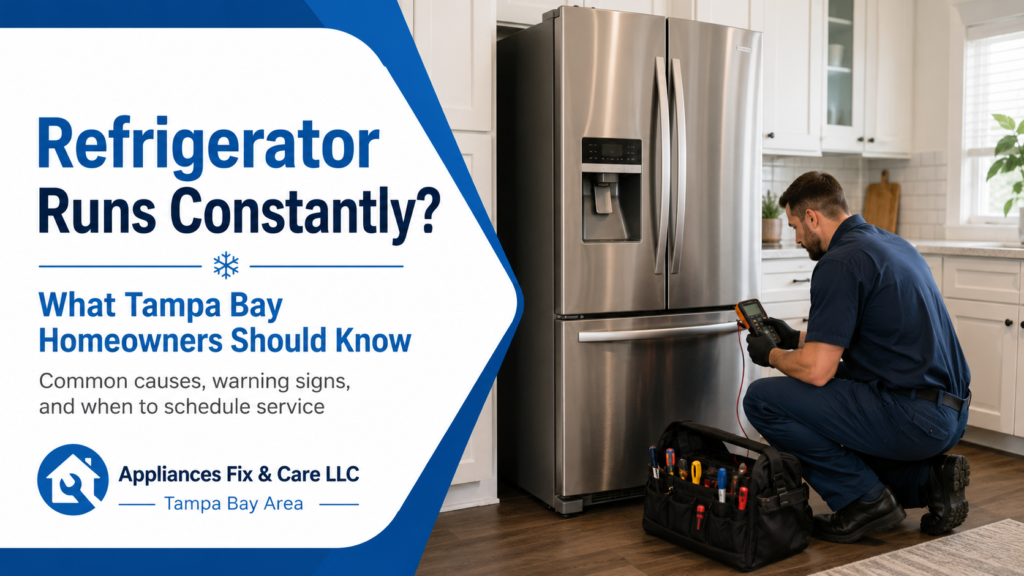 Technician inspecting a refrigerator running constantly in Tampa FL for Appliances Fix & Care LLC Image Title:
