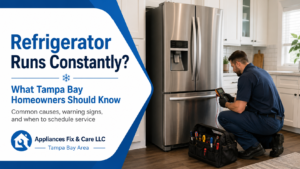 Technician inspecting a refrigerator running constantly in Tampa FL for Appliances Fix & Care LLC Image Title: