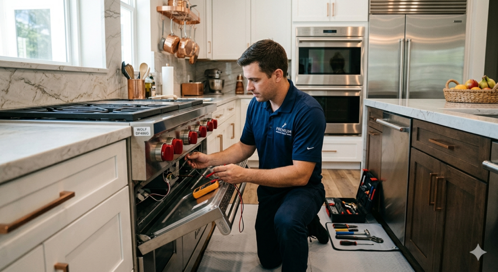 Professional technician diagnosing a clicking gas burner on a premium Wolf range stove in a South Tampa kitchen.