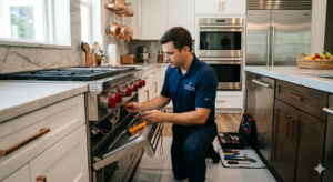 Professional technician diagnosing a clicking gas burner on a premium Wolf range stove in a South Tampa kitchen.