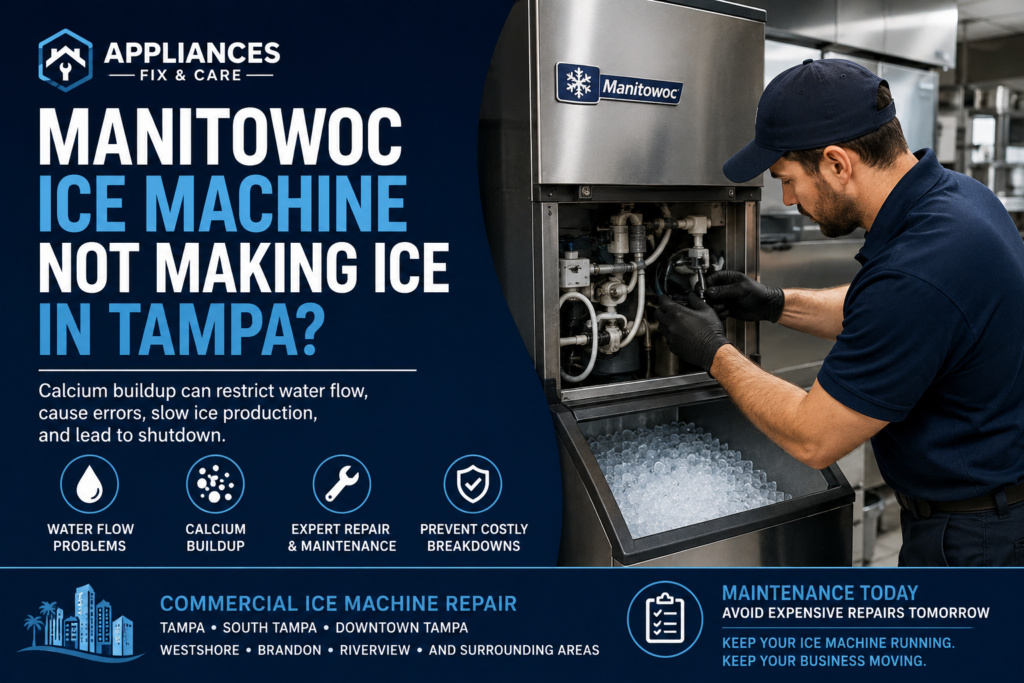 Technician repairing a Manitowoc commercial ice machine in Tampa due to calcium buildup and restricted water flow