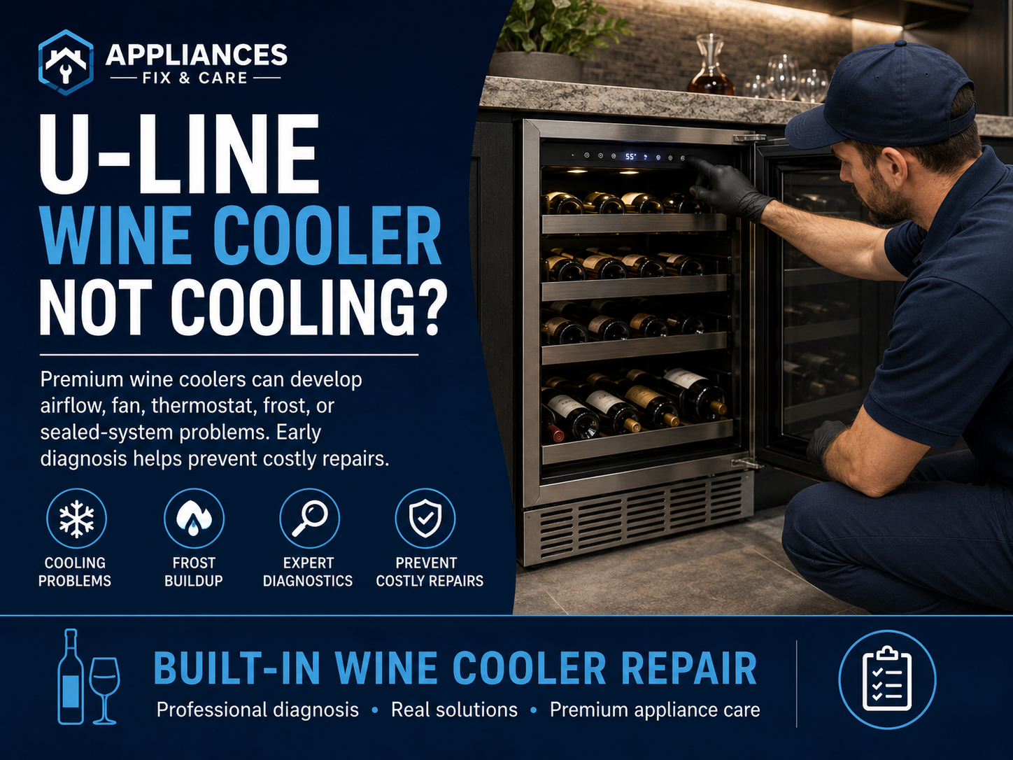 Technician diagnosing a built-in U-Line wine cooler that is not cooling properly in Tampa, Florida